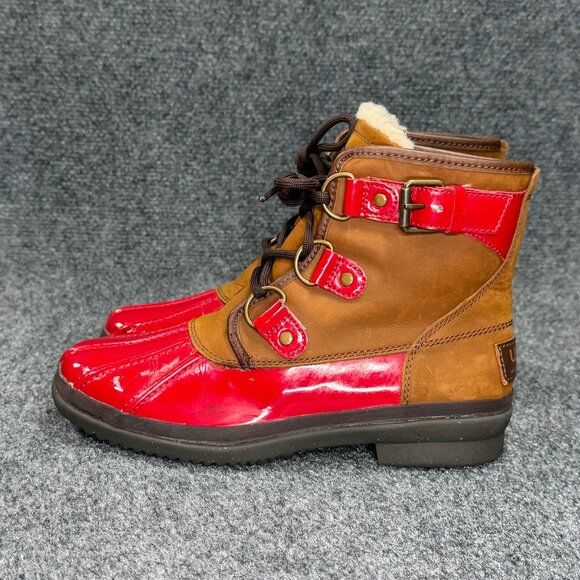 UGG Cecile Waterproof Duck Boots Women's Size 6 Brown Red Patent Leather Ankle - Picture 5 of 13